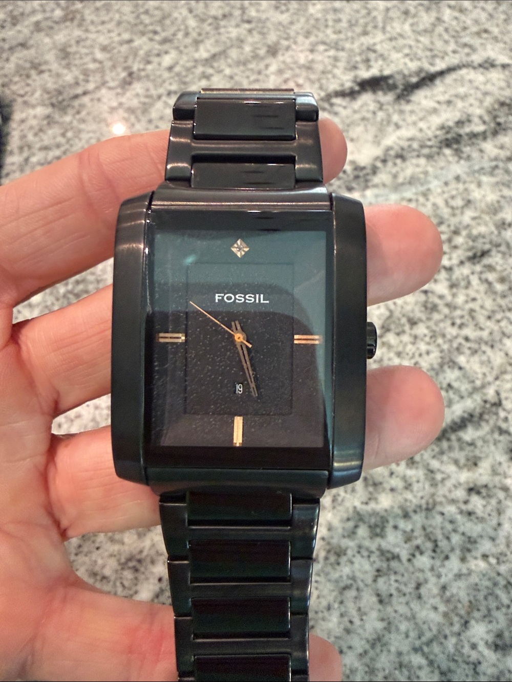 Fossil Black Men’s Rectangular Bracelet Watch, Architech, with Rose Gold Accents
